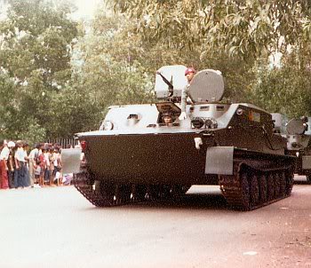 BTR-50 dalam HUT ABRI 1978. Terlihat senjata DShK-38 lengkap dengan perisai pelindung baja
