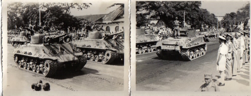 Defile tank Sherman sekutu pada 31 Agustus 1946 di Surabaya.