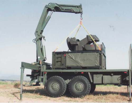 Proses unloading perangkat Skyshield dari truk pembawa.